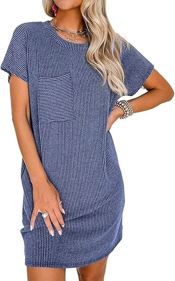 New In - Ribbed Round Neck Pocket Dress