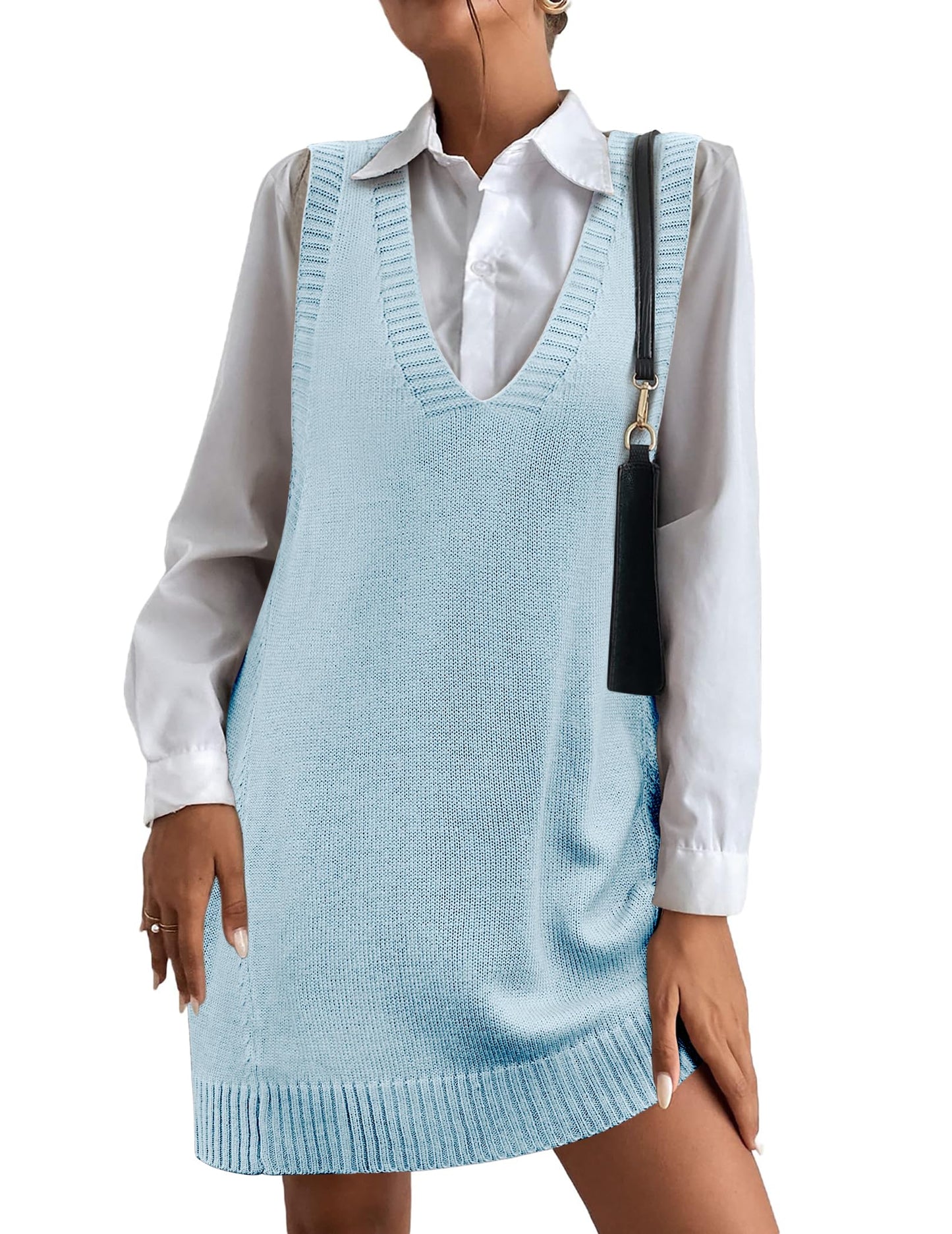 Women's V-Neck Sweater Vest Dress with Pockets