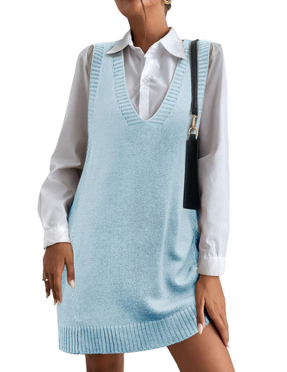 Women's V-Neck Sweater Vest Dress with Pockets