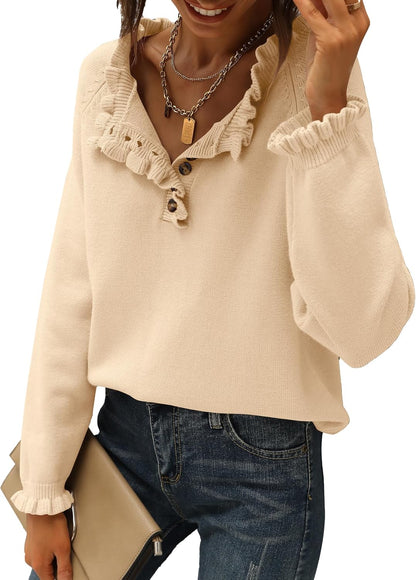 Women's Casual Knitted Button Ruffle Pullover Sweater