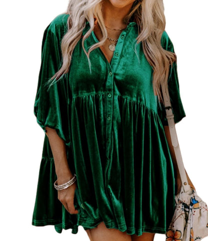 Women's Velvet Dress Button Down Tunic Tops