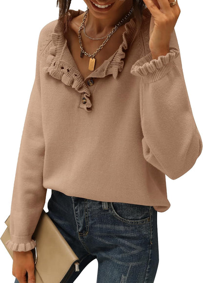 Women's Casual Knitted Button Ruffle Pullover Sweater