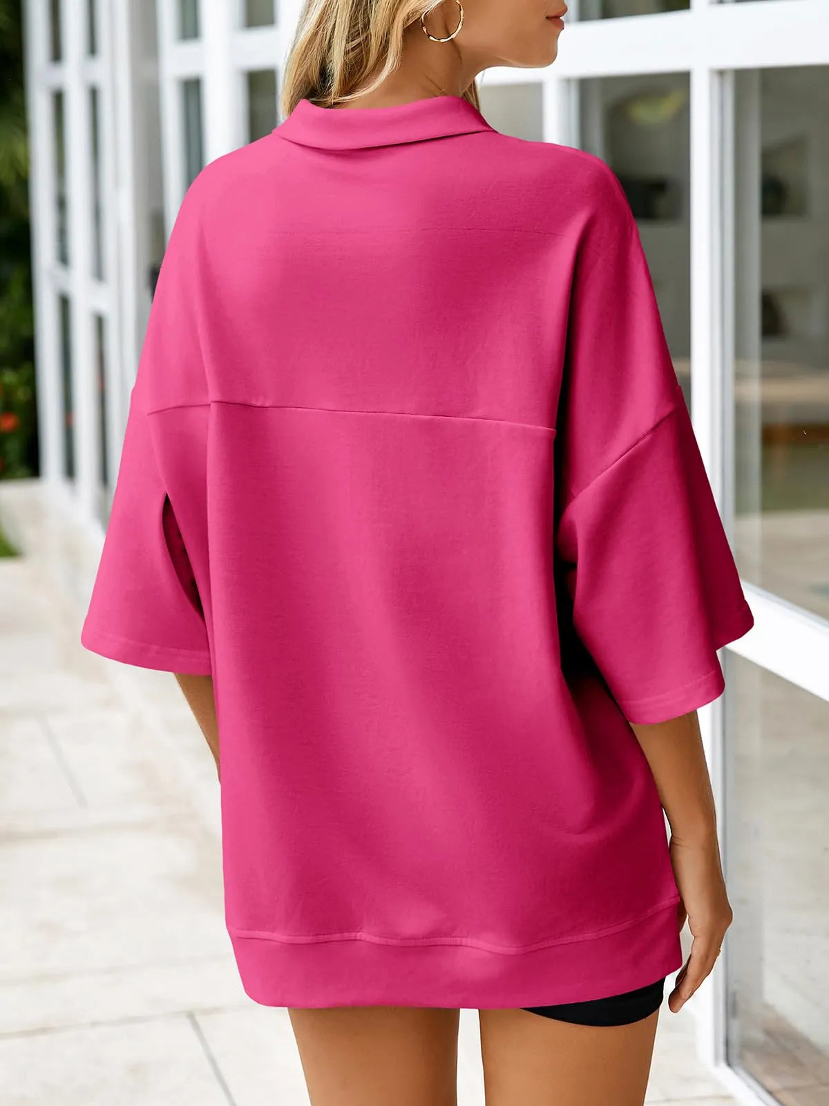 Women's Oversized 3/4 Sleeve Zipper Pullover