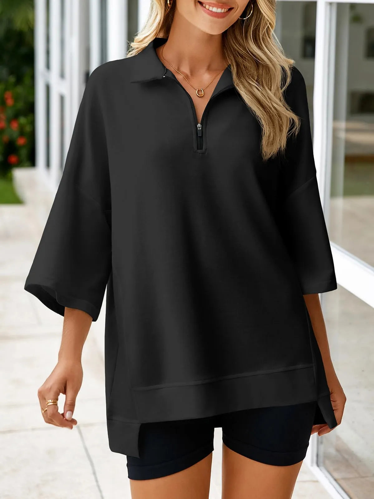 Women's Oversized 3/4 Sleeve Zipper Pullover