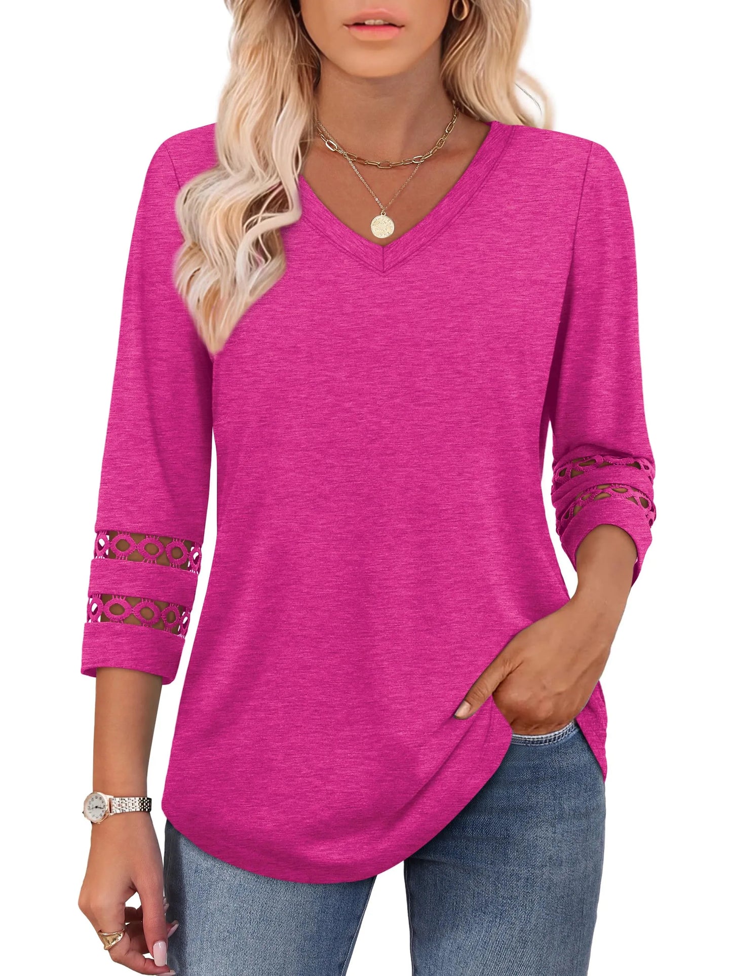 Women's 3/4 Length Sleeve Trendy V Neck T-Shirts