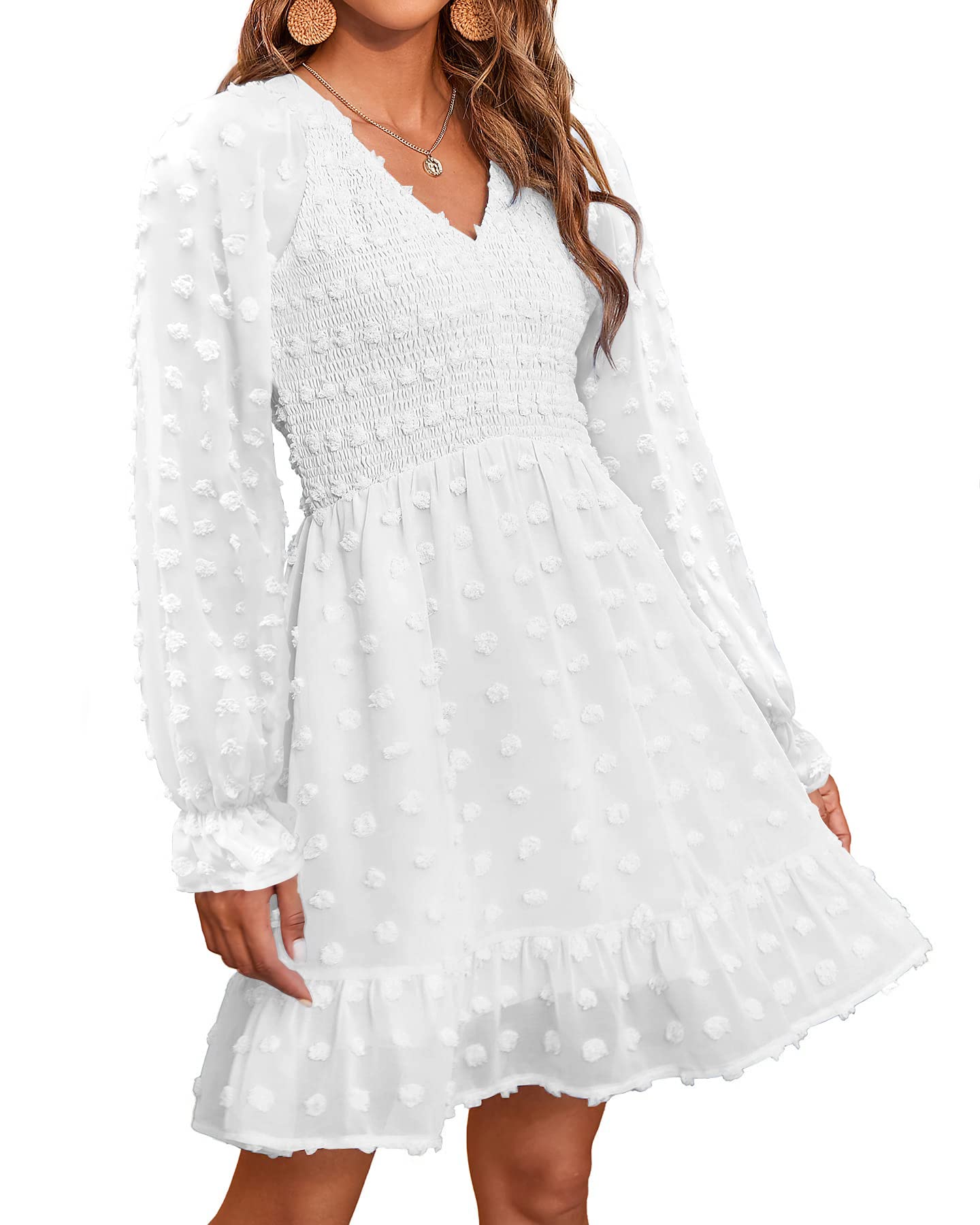 Women's Spring V Neck Swiss Dot Chiffon Mini Dress