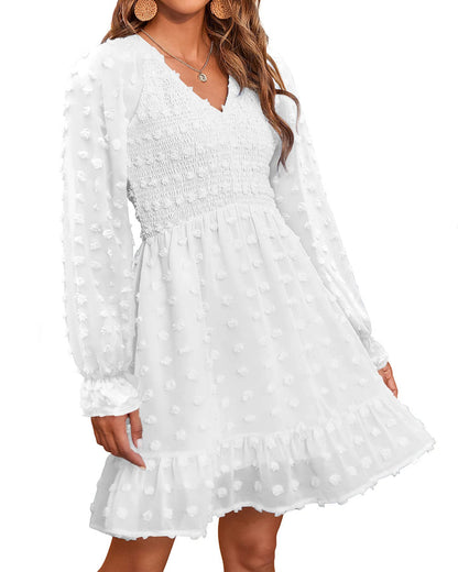 Women's Spring V Neck Swiss Dot Chiffon Mini Dress