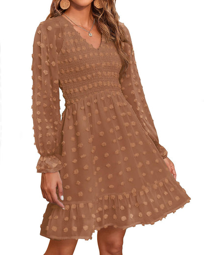 Women's Spring V Neck Swiss Dot Chiffon Mini Dress