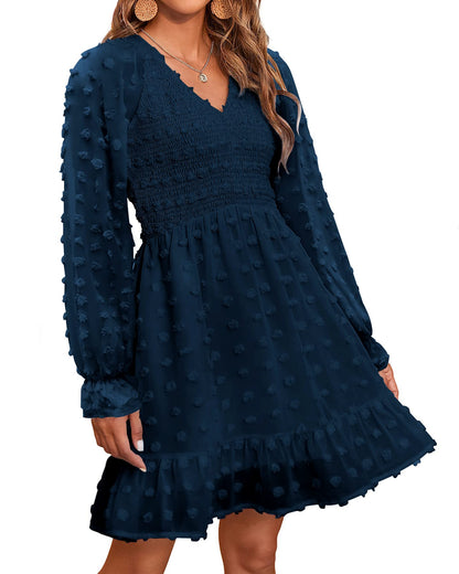 Women's Spring V Neck Swiss Dot Chiffon Mini Dress