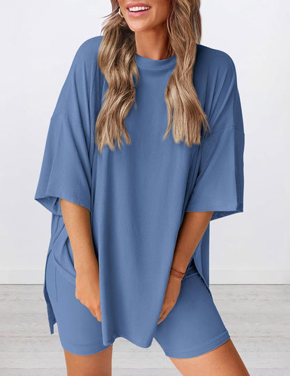 Women's Round Neck Side Slit Short Sleeve Top Tight Shorts Set