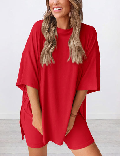 Women's Round Neck Side Slit Short Sleeve Top Tight Shorts Set