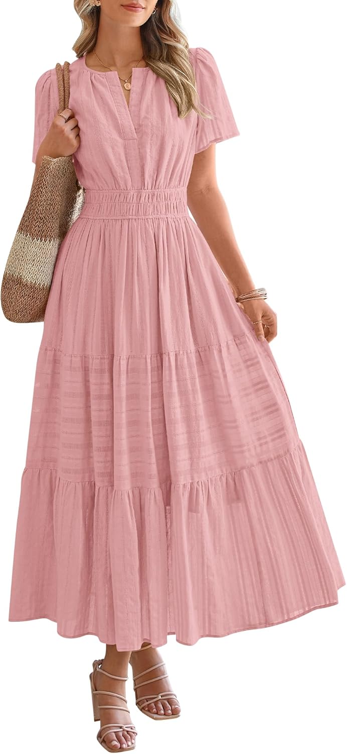 Women's V neck Ruched Spring/Summer Maxi Dress