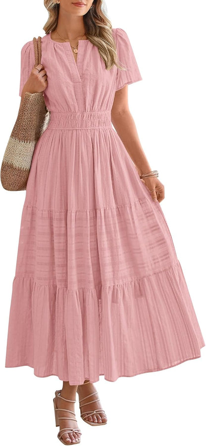 Women's V neck Ruched Spring/Summer Maxi Dress