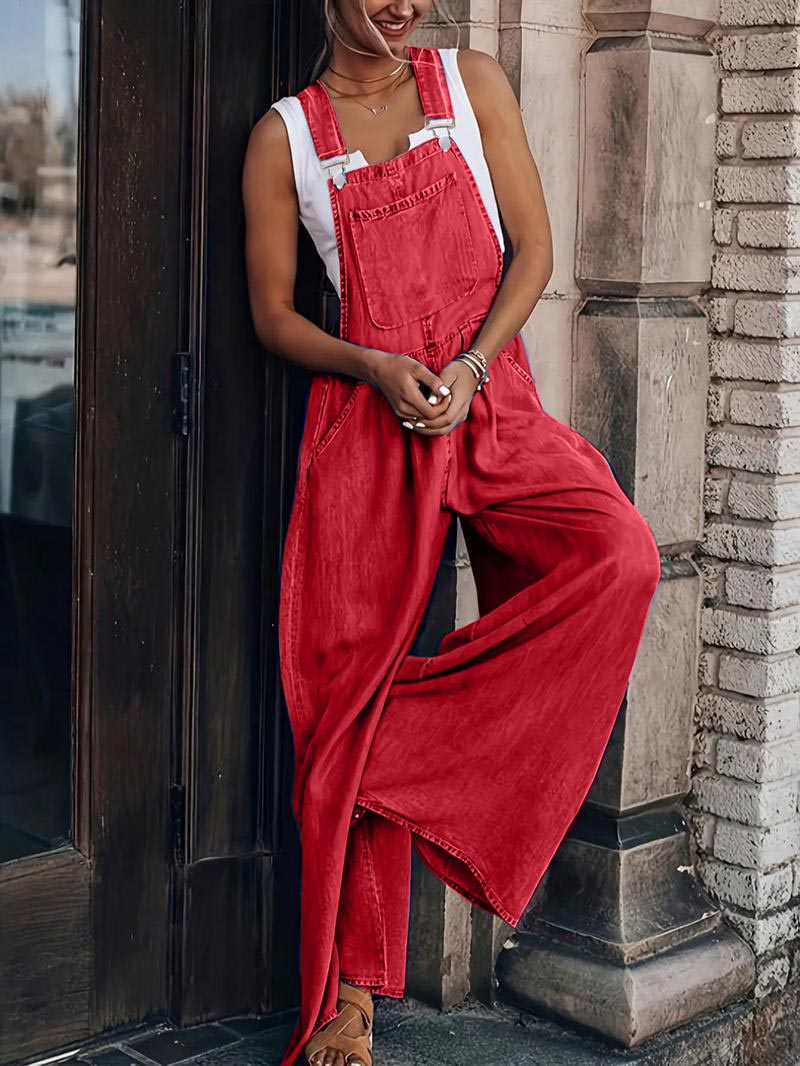 Women's Casual Adjustable Straps Denim Overall Wide Leg Jumpsuits