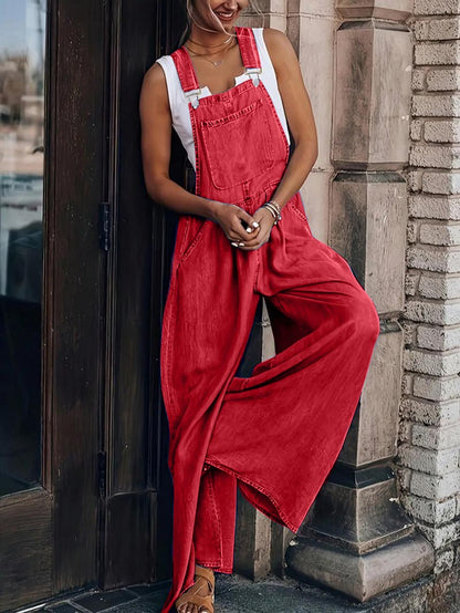 Women's Casual Adjustable Straps Denim Overall Wide Leg Jumpsuits