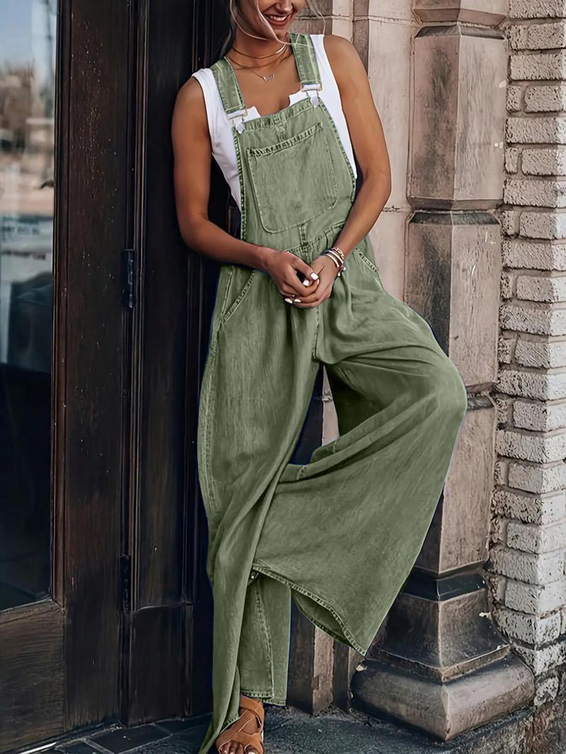Women's Casual Adjustable Straps Denim Overall Wide Leg Jumpsuits
