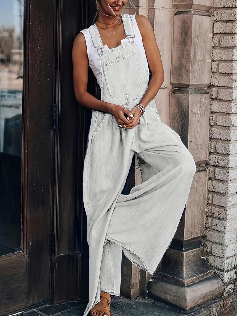 Women's Casual Adjustable Straps Denim Overall Wide Leg Jumpsuits