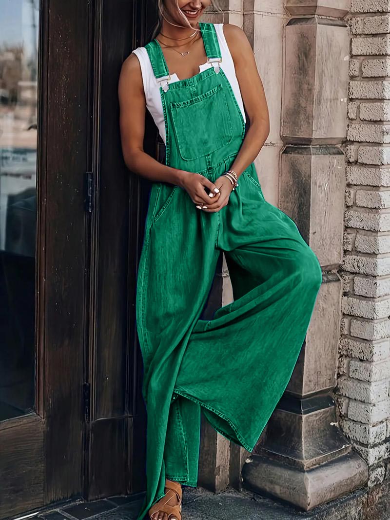 Women's Casual Adjustable Straps Denim Overall Wide Leg Jumpsuits