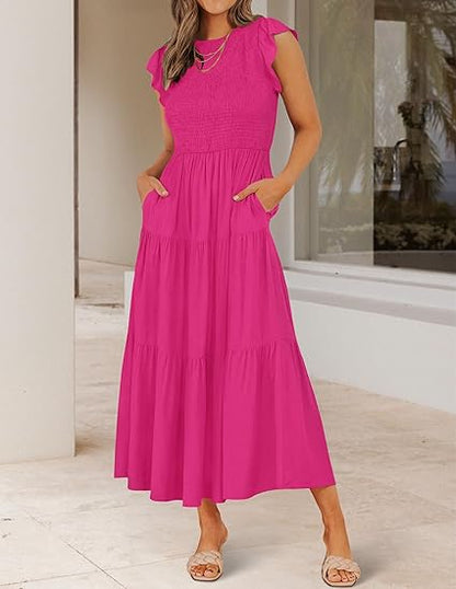 Women's Summer Casual Flutter Short Sleeve Smocked  Midi Dress