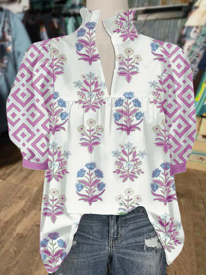Women's V Neck Puff Sleeve Floral Print Blouse