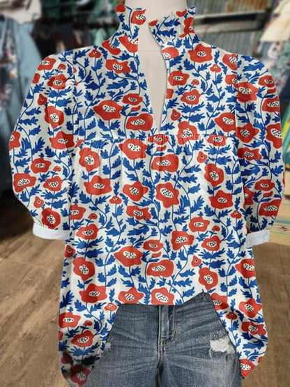 Women's V Neck Puff Sleeve Floral Print Blouse