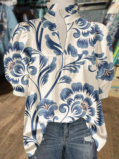 Women's V Neck Puff Sleeve Floral Print Blouse