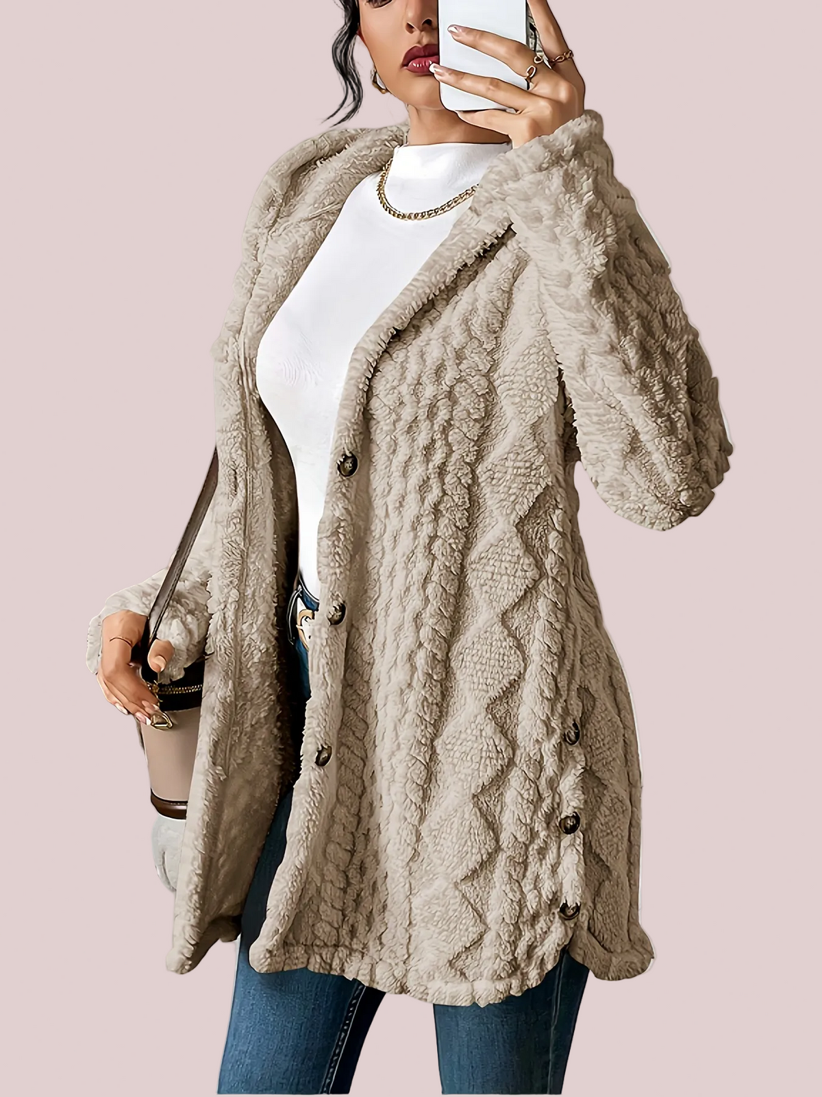 Women's Soft Fleece Button Hooded Long Sleeve Coat