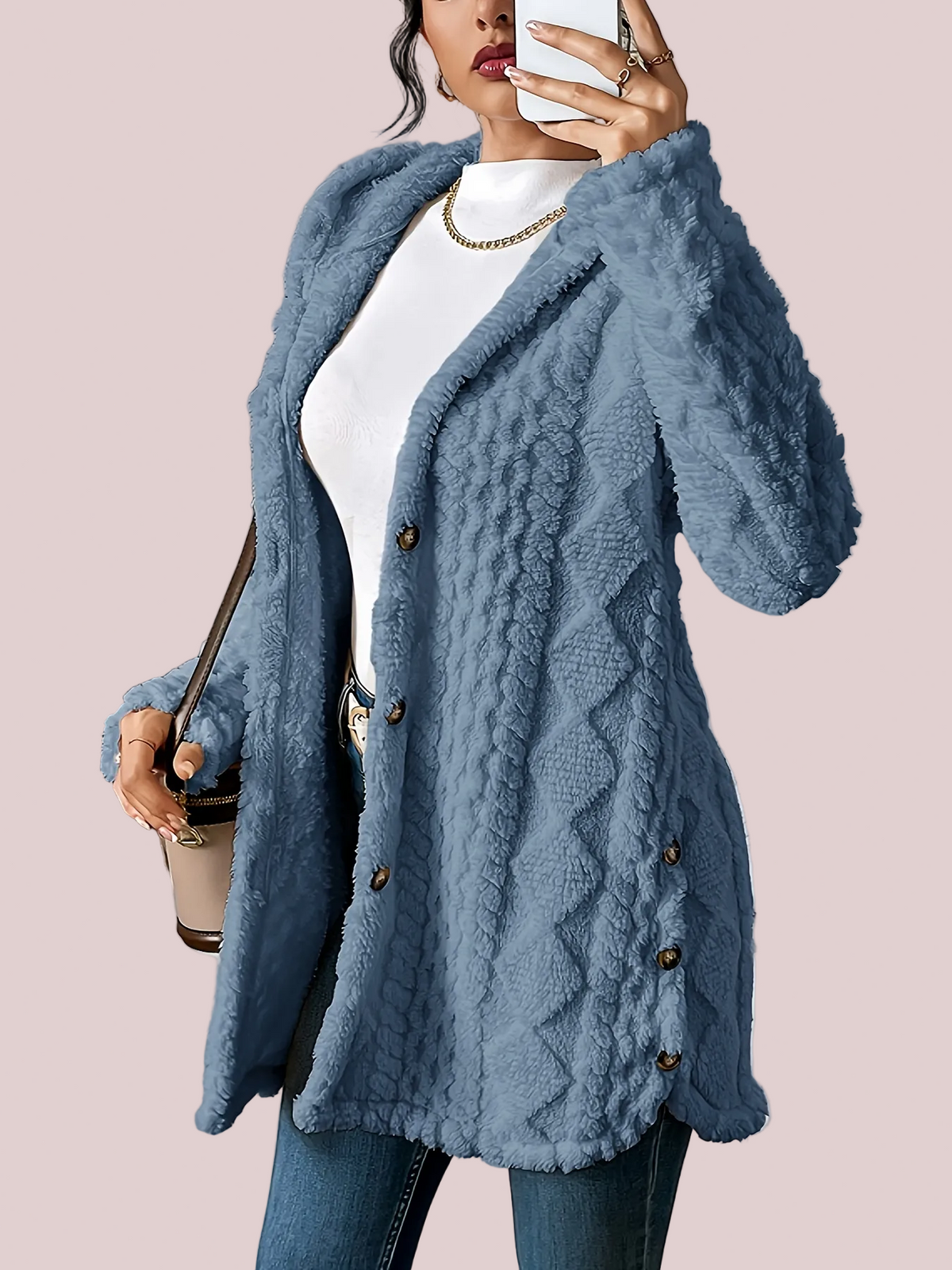 Women's Soft Fleece Button Hooded Long Sleeve Coat