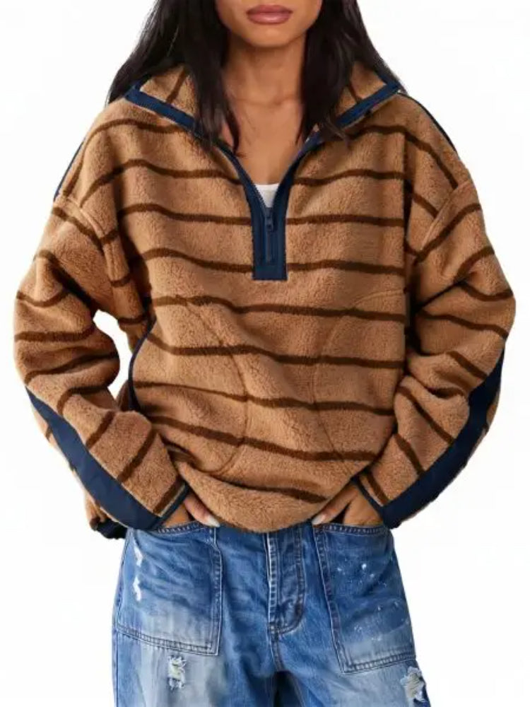 Women's Light Baggy Striped Half-Zip Fleece Sweatshirt