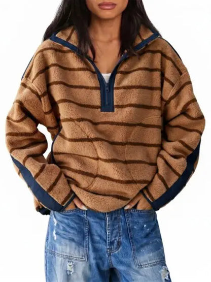 Women's Light Baggy Striped Half-Zip Fleece Sweatshirt