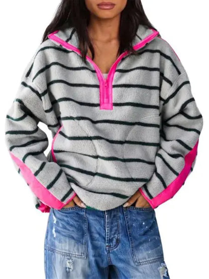 Women's Light Baggy Striped Half-Zip Fleece Sweatshirt