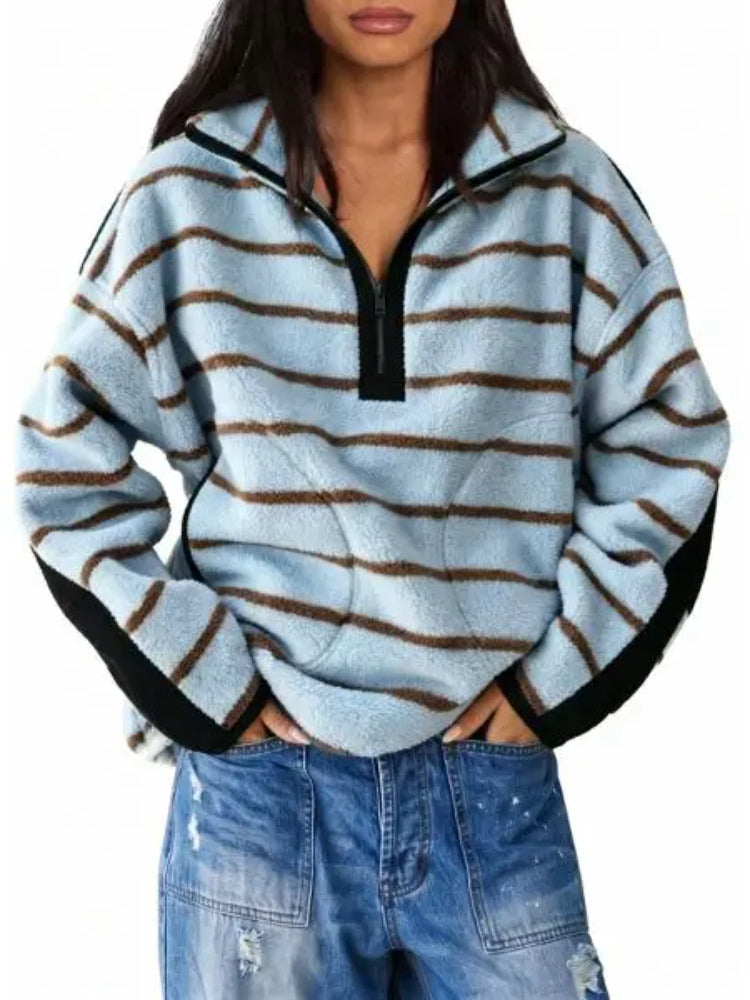 Women's Light Baggy Striped Half-Zip Fleece Sweatshirt