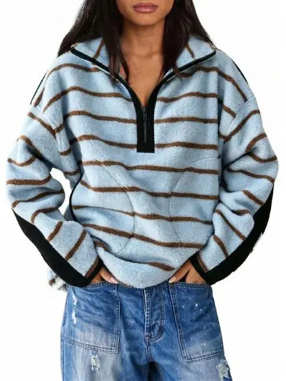 Women's Light Baggy Striped Half-Zip Fleece Sweatshirt