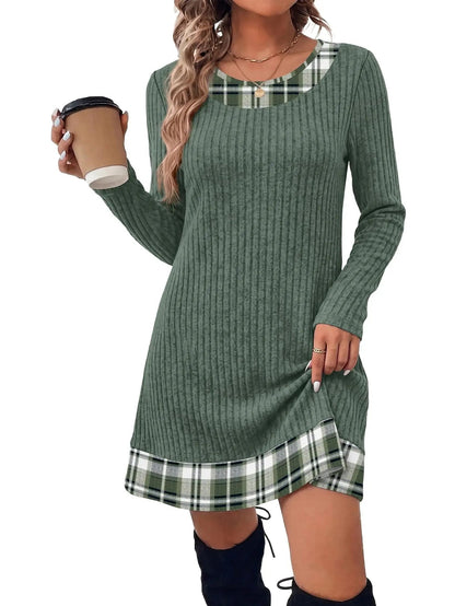 Women's Plaid Trim Ribbed Sweater Dress