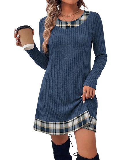 Women's Plaid Trim Ribbed Sweater Dress