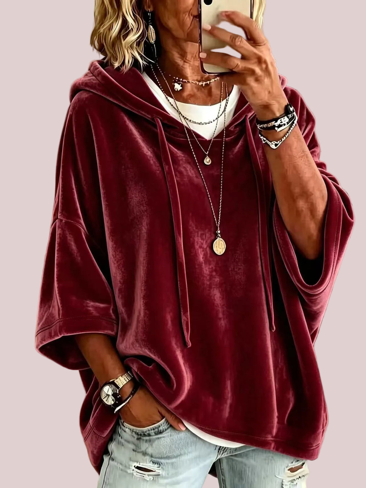 Women’s 3/4 Sleeves Minimalist Velour Hoodie Top
