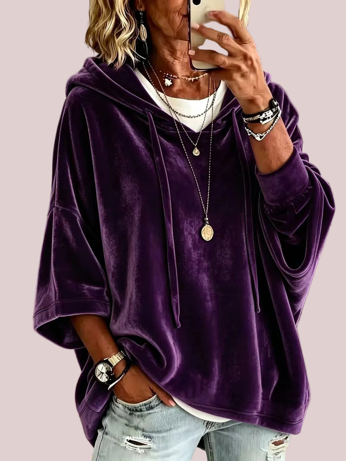 Women’s 3/4 Sleeves Minimalist Velour Hoodie Top