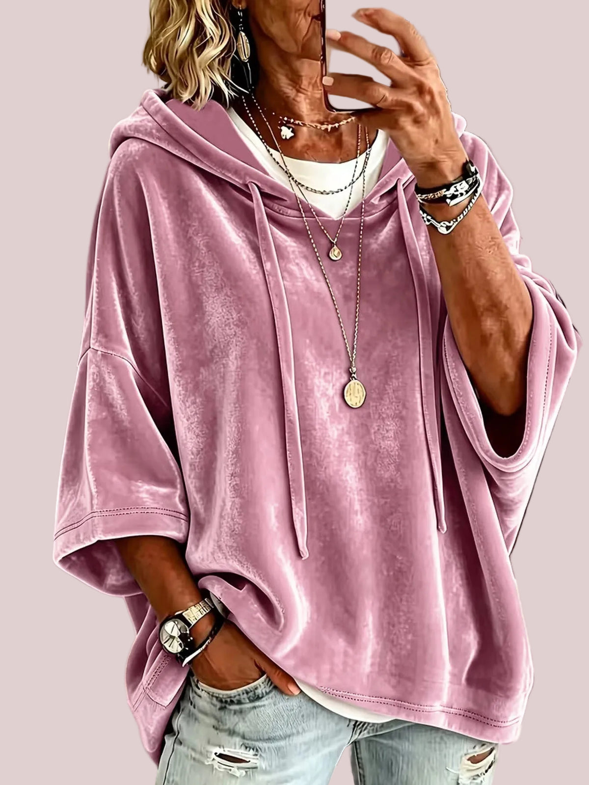Women’s 3/4 Sleeves Minimalist Velour Hoodie Top