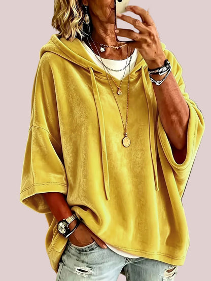 Women’s 3/4 Sleeves Minimalist Velour Hoodie Top