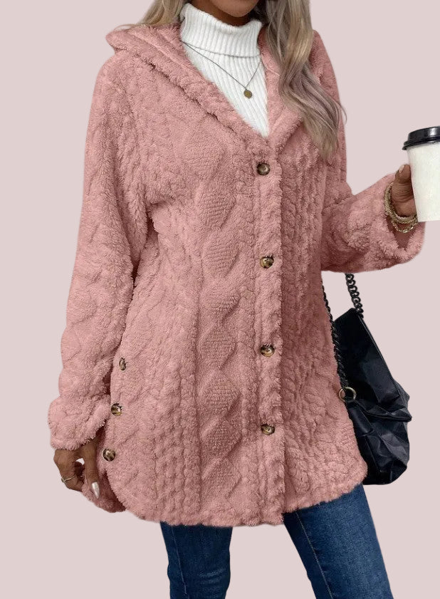 Women's Soft Fleece Button Hooded Long Sleeve Coat