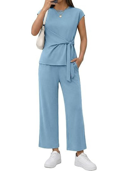 Women's Casual Cap Sleeve Wrap Waist Matching Set