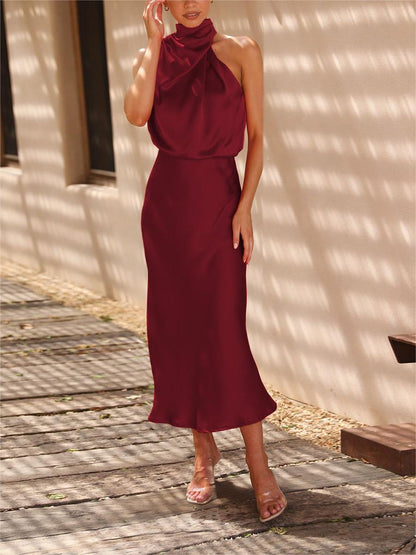 Mock Neck Keyhole Elastic High Waist Maxi Dress