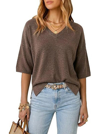 Women's V-Neck Elbow Sleeve Wool Blend Oversized Sweater