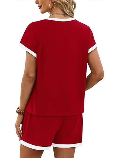 Women's Contrast Trim Crew Neck 2 Piece Short Set