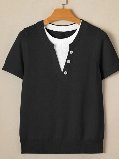 Women's Everyday Contrast Trim V Neck Knit Short Sleeve Blouse