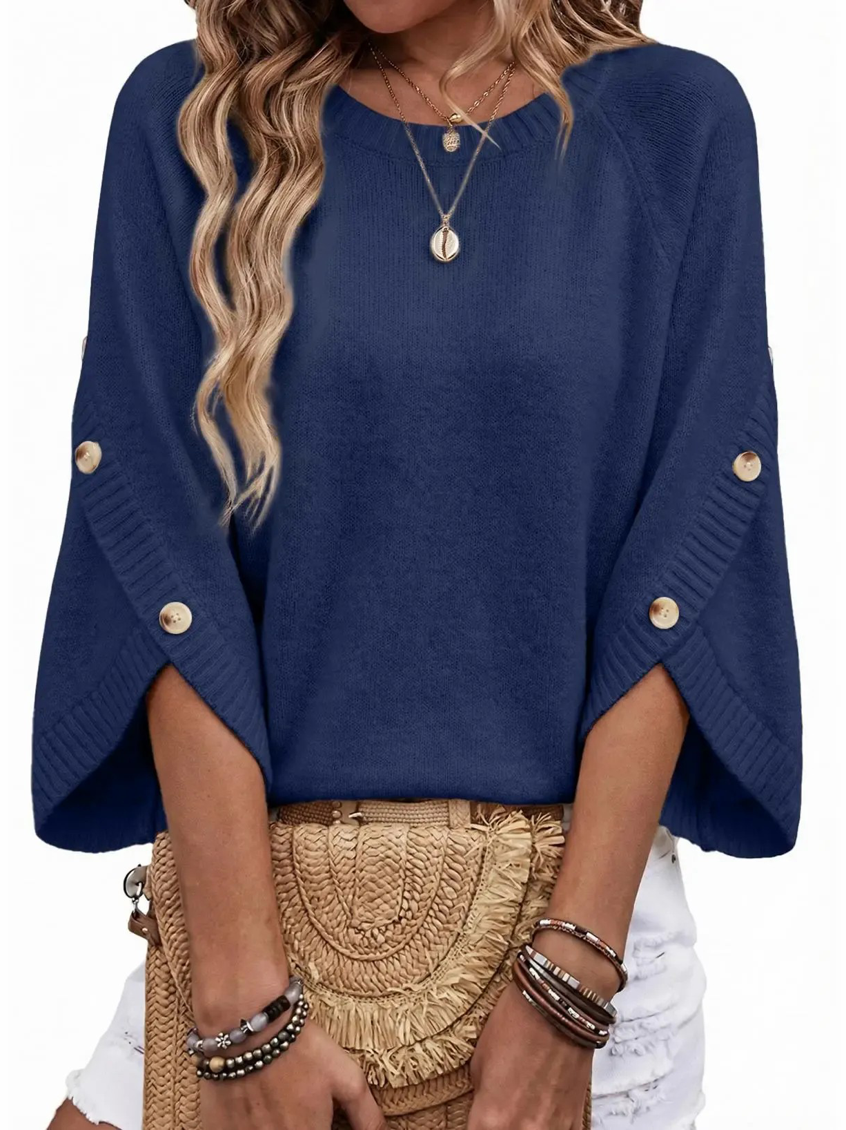 Women’s Crew Neck Raglan Sleeve Button Detail Knit Pullover