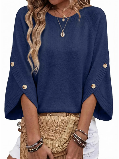 Women’s Crew Neck Raglan Sleeve Button Detail Knit Pullover