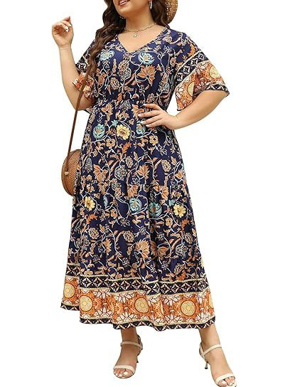 Boho Printed Empire Waist Plus Size Midi Dress
