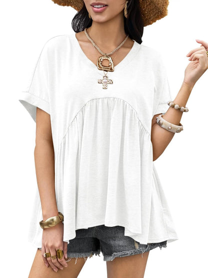 Women's V-Neck Pleated Swing Peplum Babydoll T-Shirt