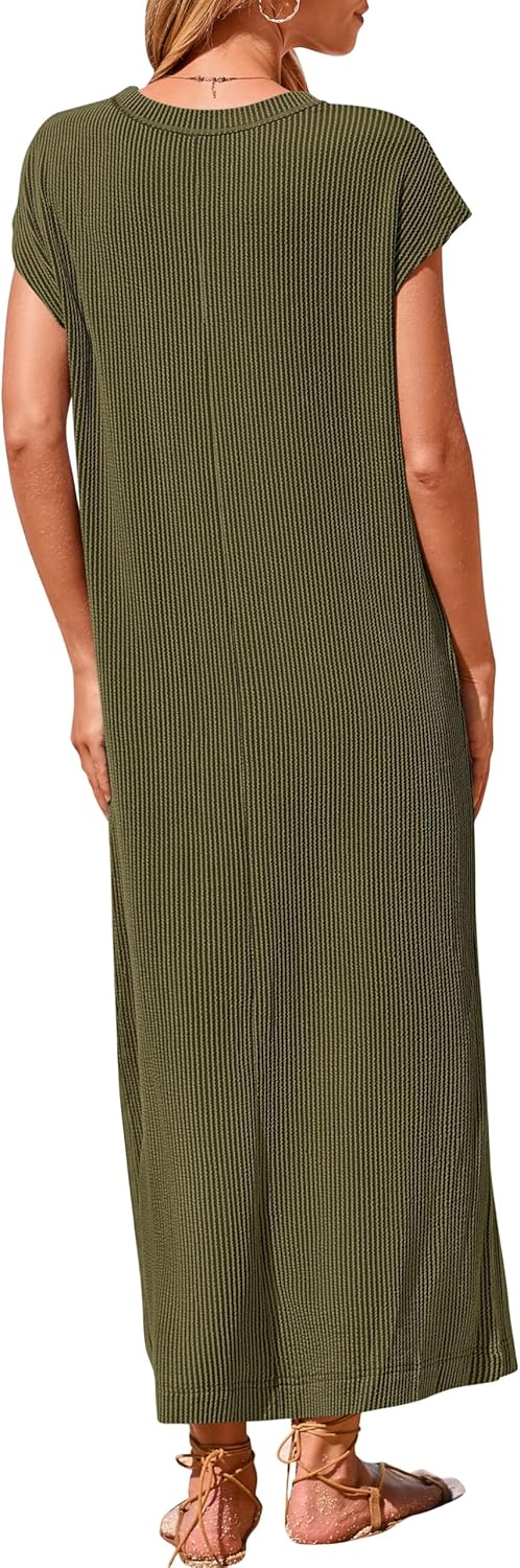 Women's Ribbed Henley Button Up Split Long Dress